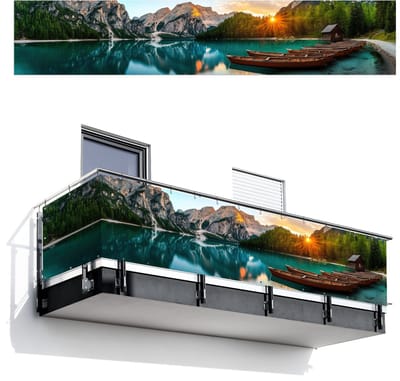 Balkonscherm 500x100 cm - Balkonposter Meer - Bergen - Zonsondergang - Boot - Balkon scherm decoratie - Balkonschermen - Balkondoek zonnescherm