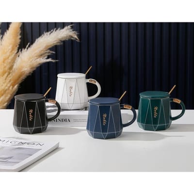 Nordic Creatieve Keramische Kop Hoge Waarde Mok met Deksel Lepel Thuis Kantoor Koffiekop 460ml gray