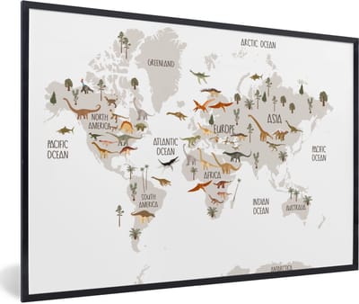Wereldkaart kinderen - Dinosaurussen - Kinderkamer - Jongens - Meisjes - Kinderen - Schoolplaat - Kinderkamer - 90x60 cm
