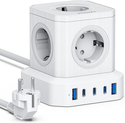 Voomy Cube 65W Stekkerdoos - 3 USB-C & 2 USB-A Poorten - 5 Stopcontacten - Aan / Uit schakelaar - Snellader voor Laptop, Telefoon & Tablet - Powercube - Oplader, Adapter, Verlengsnoer - Wit