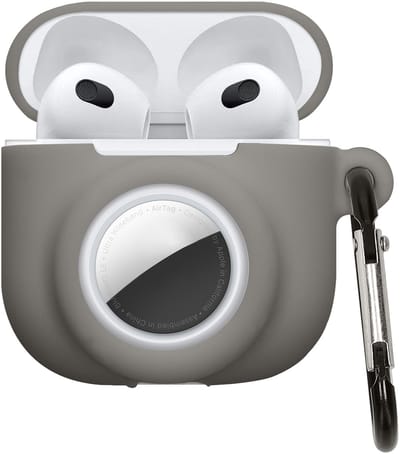 kwmobile oordopjes case geschikt voor Apple Airpods 4 hoesje - Oortjes cover met AirTag houder - In-ear koptelefoon hoes - Silicone in grijs