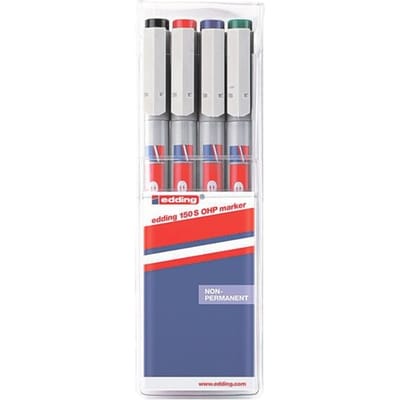 edding 150 S non-permanent pen - 4 stuks - zwart,rood,blauw,groen - ronde punt 0,3 mm - stift voor het beschrijven van glas, kunststof, folie en gladde oppervlakken - sneldrogend, met water corrigeerbaar