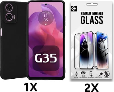 Casemania Hoesje & Glas Geschikt voor Motorola Moto G35 - Zwart - Siliconen Back Cover - 2x Glazen Screenprotector