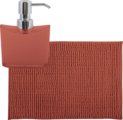 MSV badkamer droogloop mat/tapijtje - 40 x 60 cm - en zelfde kleur zeeppompje 260 ml - terracotta