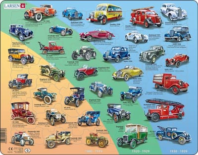 Larsen Historische auto's – Puzzel – Voertuigen & Techniek – Auto's – Educatieve legpuzzel voor kinderen – 42 stukjes – Gemaakt in Noorwegen – Extra dikke 2,5 mm stukjes – Tray met vaste rand