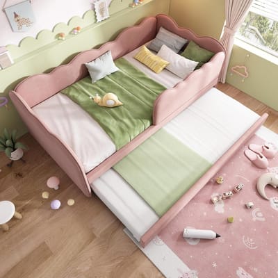 Gestoffeerd Daybed - Slaapbank - Kinderkamer Inrichten - Uitschuifbaar - 90x190 cm - Roze