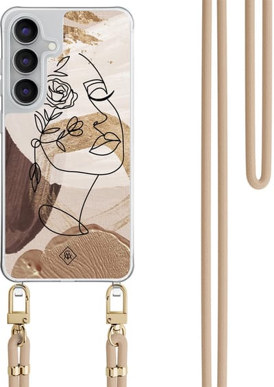 Casimoda® hoesje met beige koord - Geschikt voor Samsung S25 FE - Abstract Gezicht Bruin - Afneembaar koord - TPU/polycarbonaat - Bruin/beige