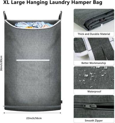 boven de deur, waszak om op te hangen, mand voor badkamer, kast, ruimtebesparende opslag, wasmand hangend met 2 stuks roestvrijstalen haken en 2 stuks zuignappen (89 x 56 cm