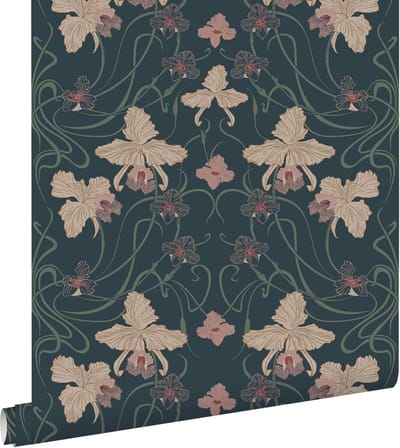 ESTAhome behang vintage bloemen in art nouveau stijl donkerblauw, beige en vergrijsd groen - 50 x 900 cm - 139669
