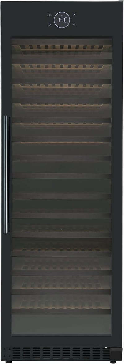 Le Chai LMN1820F - Vrijstaande wijnkoelkast voor 182 Flessen - Zwart glas - 1 zone - Geventileerde koeling - Temperatuuralarm - Witte LED-verlichting - Energieklasse F - Geluidsniveau 39 dB - Inhoud 424 L