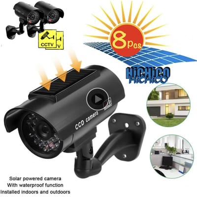 Fake camera voor buiten – HiCHiCO® Outdoor Solar Dummy camera (8 pack) – Nep camera - CCD Dummy Camera - Beveiligingscamera - Fake Outdoor Nepcamera - Nep Security Cam met rood knipperend led indicator voor binnen en buiten - Zon panel