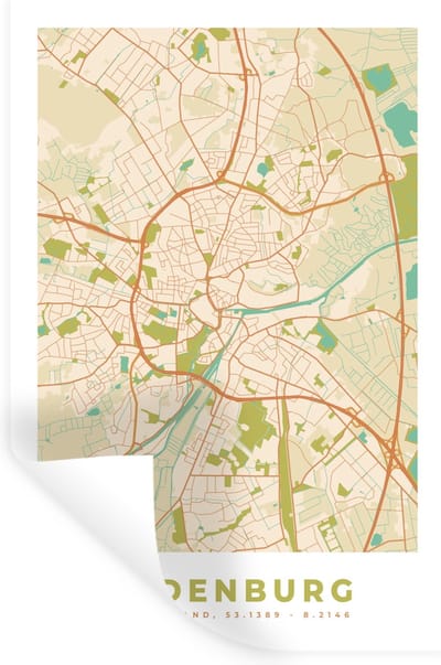 Muurstickers - Sticker Folie - Kaart - Oldenburg - Vintage - Plattegrond - Stadskaart - 20x30 cm - Plakfolie - Muurstickers Kinderkamer - Zelfklevend Behang - Zelfklevend behangpapier - Stickerfolie