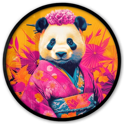 Poster in lijst Rond - Fotolijst 40x40 cm - Posters - Kimono - Roze - Panda - Bloemenkroon - Ronde posterlijst zwart - Decoratie - Wanddecoratie woonkamer - Muurdecoratie slaapkamer