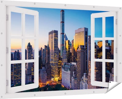 Gards Tuinposter Doorkijk New York bij Zonsopgang - 180x120 cm - Tuindoek - Tuindecoratie - Wanddecoratie buiten - Tuinschilderij