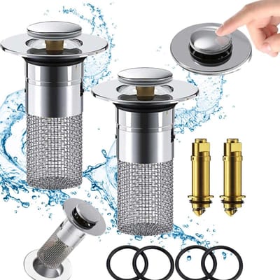 2 stuks badkamergootsteenstopper - gootsteenzeef - pop-up gootsteenafvoerzeef - haarclip met roestvrijstalen zeefmand - roestvrijstalen afvoerputje en haarclip - past op vervanging van badkamergootsteenstopper, badkamergootsteen pop-upafvoer - zwart