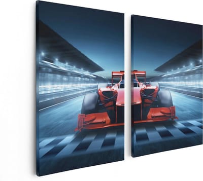 Artaza Canvas Schilderij Tweeluik Formule 1 Auto bij de Finish - Rood - 80x60 - Foto Op Canvas - Canvas Print