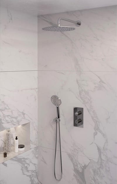 Brauer Chrome Edition thermostatische inbouw regendouche 3-weg omstelling SET 34 met 30 cm douchekop en gebogen muurarm en 3-standen handdouche en doucheslang en wandaansluitbocht chroom