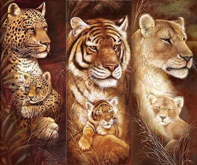 Diamond painting 3 luik - Leeuw, luipaard en tijger - 3x 30x70cm - ronde steentjes - volledig beplakt - Diamond painting by Wietske