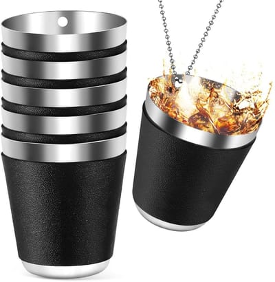 longziming -Mini Shotglas - Miniatuur Drinkbeker - Roestvrijstalen Flacon - Stapelbaar Compact Ontwerp - Zwart Lederachtig Oppervlak - Lichtgewicht En Onbreekbaar - Veilig Comfortabel Gebruik - 6 Stuks