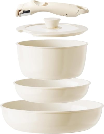 keramische pannenset met afneembare handgreep, 5-delig. Pannen Afneembare handgreep Inductie, ruimtebesparend kookgerei (PTFE-vrij PFAS-vrij PFOA-vrij), oven- en vaatwasmachinebestendig(Beige)