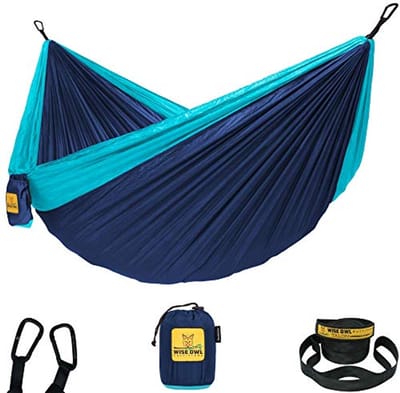 Enkele en dubbele camping hangmat voor buiten backpacken - Draagbare lichtgewicht parachute nylon hangmat in navy en lichtblauw