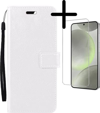 Hoesje Met Screenprotector - Geschikt voor Samsung Galaxy S24 - Luxe Pasjeshouder - Bookcase Portemonee - Flip Case - Kunstleer Book Case - Flipcase - Book Cover - Walletcase - Portemonneehoes - Wit