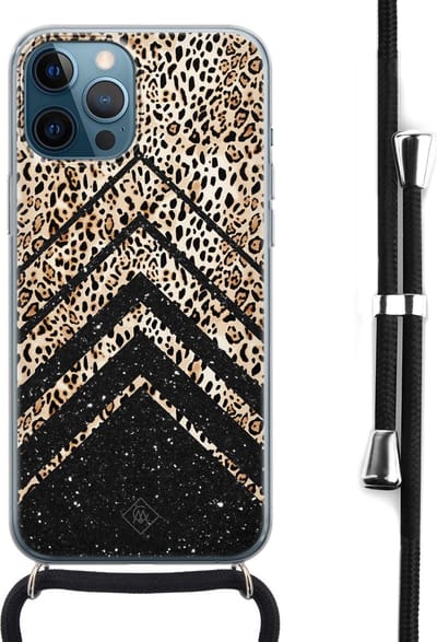 Casimoda® hoesje met koord - Geschikt voor iPhone 12 Pro Max - Chevron Luipaard - Afneembaar koord - Siliconen/TPU - Bruin/beige