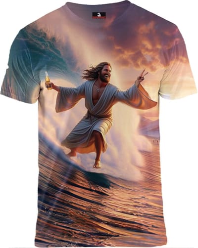 Surfende Jezus op vakantie - Maat S - Crew neck - Festival shirt - Superfout - Fout T-shirt - Feestkleding - Festival outfit - Foute kleding