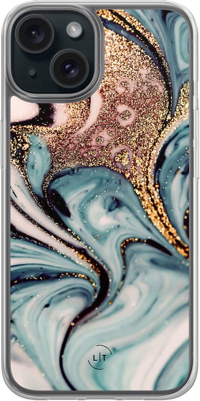 Hoesje geschikt voor iPhone 15 - Marmer blauw goud - 2in1 backcover - Marmer - Blauw - Leuke Telefoonhoesjes