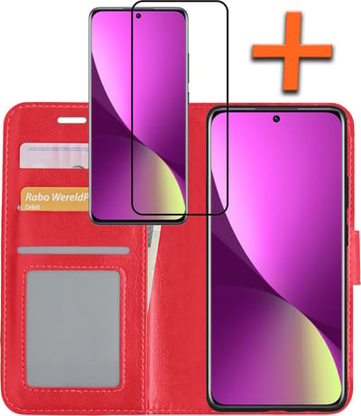 Hoes - Met Screenprotector - Geschikt voor Xiaomi 12 - Luxe Pasjeshouder - Bookcase Portemonee - Flip Case - Kunstleer Book Case - Flipcase - Book Cover - Walletcase - PortemonneeHoes - Rood