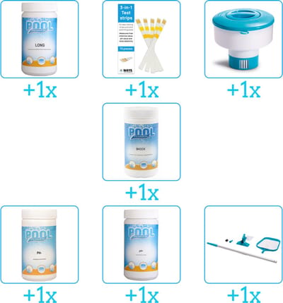 Zwembad Onderhoudspakket - Onderhoud Zwembad - bevat Chloor - Testrips - Chloordrijver - Chloor - PH-min - PH-plus en Schoonmaakset (7-delig)