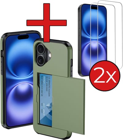 Hoesje Geschikt voor iPhone 16 Hoesje Met Pasjeshouder Hard Case Met Kaarthouder Met 2x Screenprotector - Hoes Geschikt voor iPhone 16 Hoesje Pashouder Case - Donkergroen