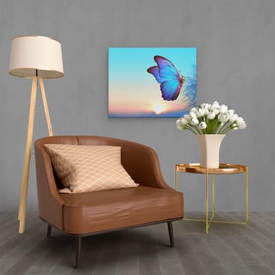 Artaza Canvas Schilderij Blauwe Vlinder - 50x40 cm - Muurdecoratie Zon - Wanddecoratie Natuur - Kamer Accessoires