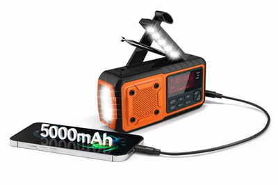 FlinQ RescueWave DAB+/FM/Bluetooth Noodradio Solar, Opwindbaar, Batterij, USB-C - Ideaal voor noodpakket - Draagbare Survival Radio - 5000 mAh - SOS-alarm - Wekker - Powerbank Zonneenergie - Bouwradio - Opwindbare Zaklamp