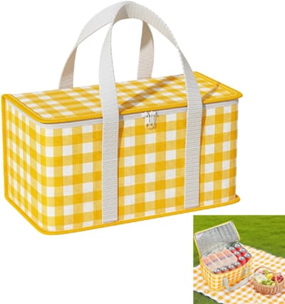 1 stuk - Opbergtas voor buiten - Picknickmand voor buiten - Picknickbenodigdheden - Koeltas - Geïsoleerde vriestas - Picknickmand voor kamperen - Geïsoleerde lunchtas - Geel geruit - Draagbaar - 35*20*20 cm - Geschikt voor picknicks in de buitenlucht