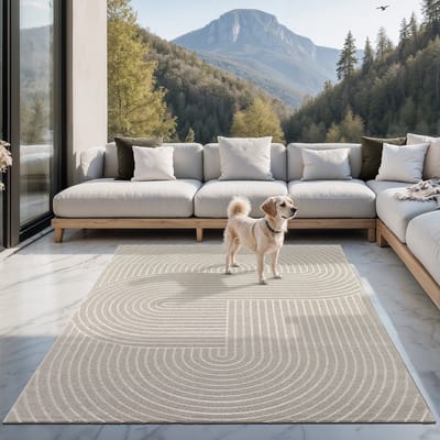 the carpet Santo Plus – Weerbestendig outdoor vloerkleed met 3D patroon, geschikt voor balkon, terras en woonkamer, beige met boho-accenten, 80 x 150 cm