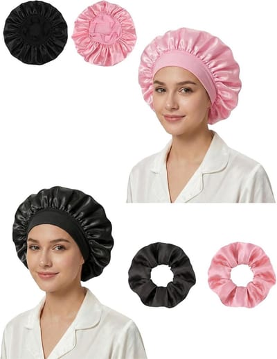 Set van 2 Zijden Slaapmutsen voor Vrouwen - Nachtmuts voor Krullen en Anti-Pluis Haarverzorging - Inclusief 2 Scrunchies en Elastische Band - Zacht en Comfortabel in Zwart en Roze