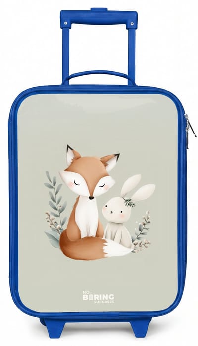 NoBoringSuitcases.com® - Kinderkoffer blauw - Kindertrolley jongen - Vos en konijn omringd door groene blaadjes - Koffer kind lichtgewicht - Reiskoffer trolley voor kinderen - Koffertje met lichtgevende wieltjes - Rolkoffer
