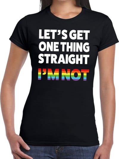 Gay pride lets get one thing straight im not t-shirt zwart met regenboog tekst voor dames - lgbt kleding XS