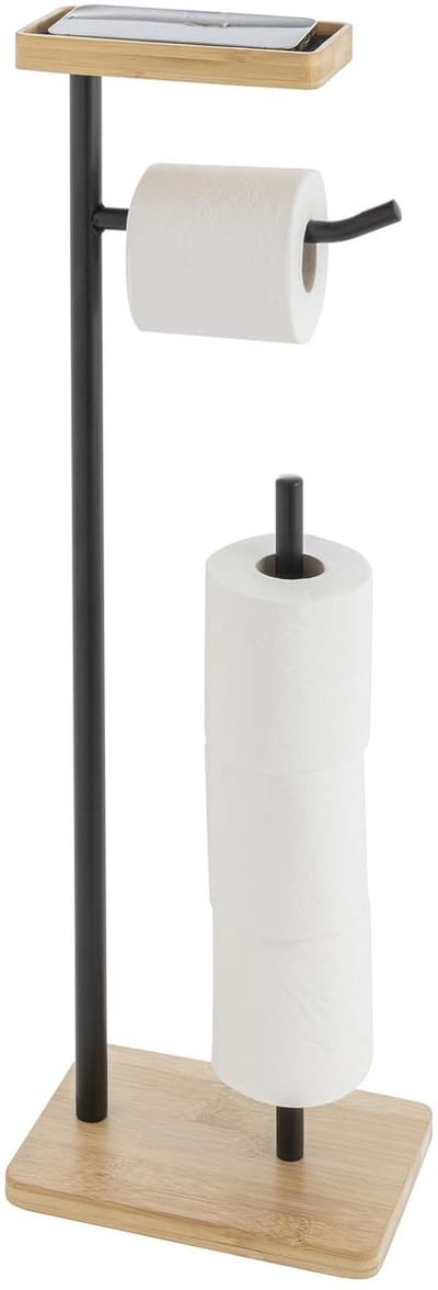 Wicotex Toiletrolhouder Filano – Zwart Metaal met Bamboe – Vrijstaand – Met Opbergruimte & Smartphonehouder