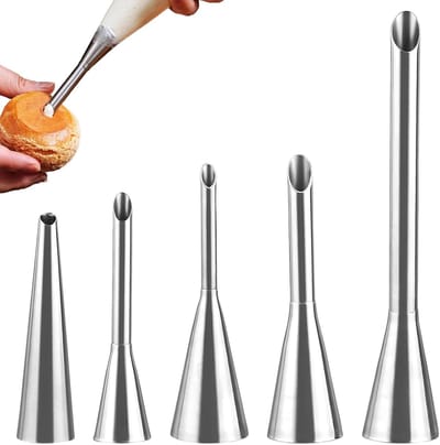 5-delige spuitmondjesset, roestvrijstalen spuit, professioneel bakaccessoire, geschikt voor cupcakes, soesjes, donuts en andere desserts.