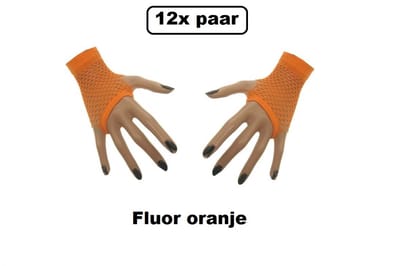 12x Paar Nethandschoen vingerloos kort fluor oranje - Koningsdag thema feest festival party fun