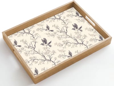 Dienblad hout 50x35 cm - Schootdienblad - Takken - Vogels - Beige - Borrelplank rechthoek - Plateau dienbladen