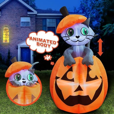 Halloween opblaasbare kat op pompoen met LED verlichting - 1,5 m tuin decoratie