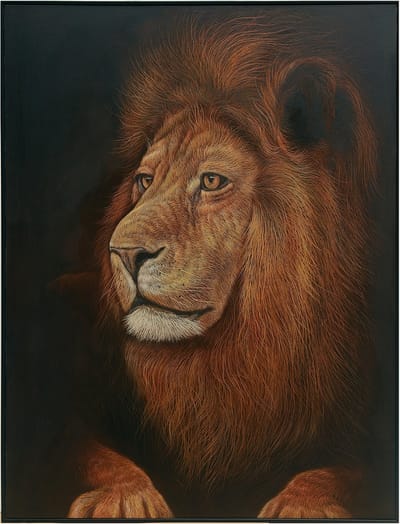 Fine Asianliving Olieverf Schilderij 100% Handgegraveerd 3D met Reliëf Effect en Zwarte Omlijsting 90x120cm Leeuw