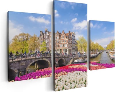 Artaza Canvas Schilderij Drieluik Amsterdamse Huisjes Aan De Grachten  - 90x60 - Foto Op Canvas - Canvas Print