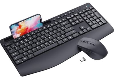 Ergonomisch Draadloos Toetsenbord en Muis Set met Stil Design, Polssteun en Telefoonhouder voor Windows en PC