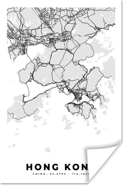 Poster Hong Kong - Stadskaart - Zwart Wit - Plattegrond - Kaart - 120x180 cm XXL