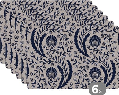 Placemat - Placemats kunststof - Patroon - Bloem - Zwart - 45x30 cm - 6 stuks - Hittebestendig - Anti-Slip - Onderlegger - Afneembaar