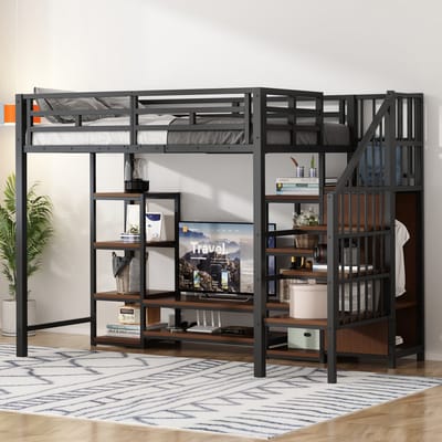 Sweiko Hoogslaper - 90x200cm - met TV-beugel - Stopcontact - Opbergplank - Metalen frame - Zwart